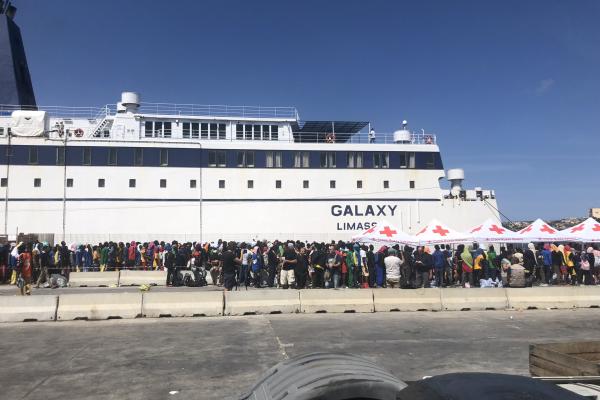 Photograph from Lampedusa, Italy, showing migrant arrivals to the island. 